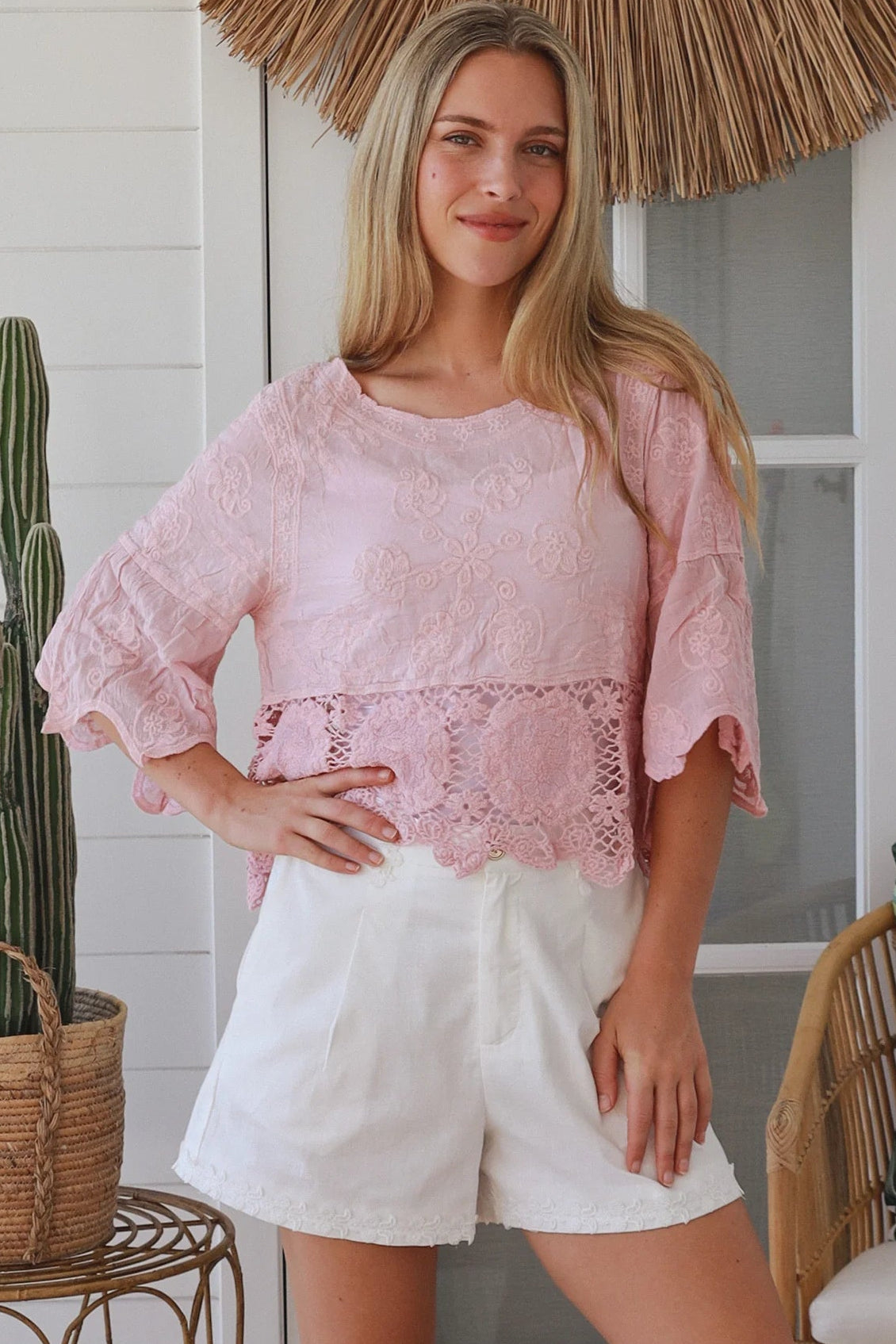 pink embroidered cotton and crochet boho top with scalloped sleeves breathable cotton blouse australia