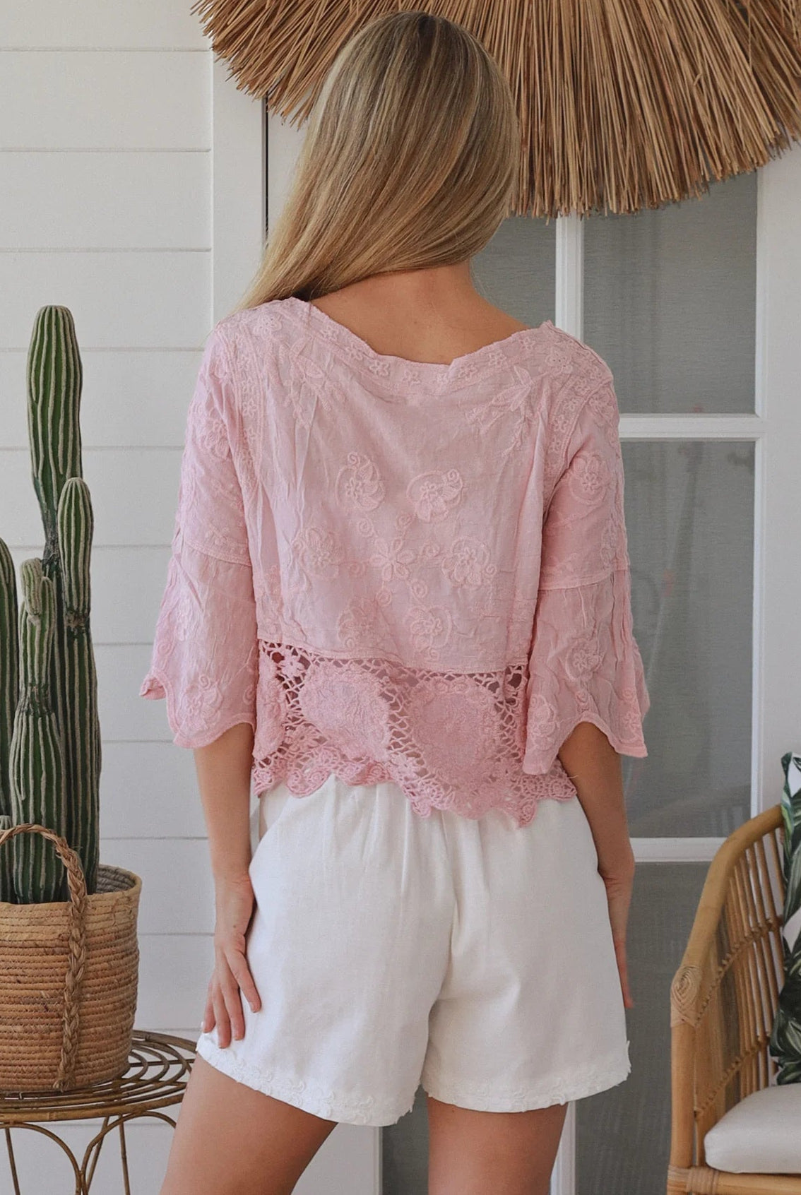 pink embroidered cotton and crochet boho top with scalloped sleeves breathable cotton blouse australia