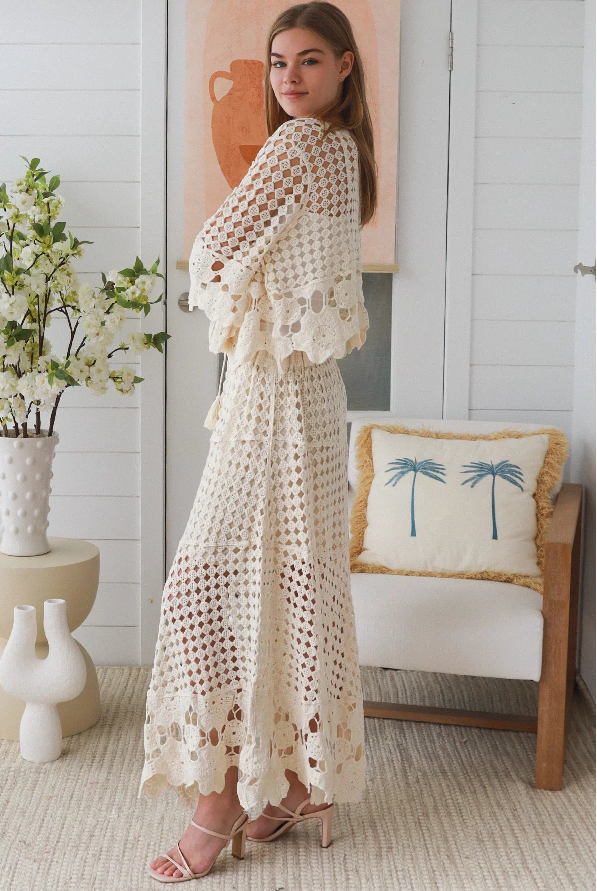 Ivory crochet embroidered boho set by Charlotte the Label with lined high low skirt and tassel tie top Australia