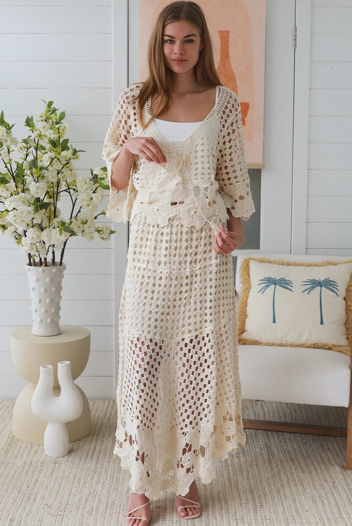 Ivory crochet embroidered boho set by Charlotte the Label with lined high low skirt and tassel tie top Australia