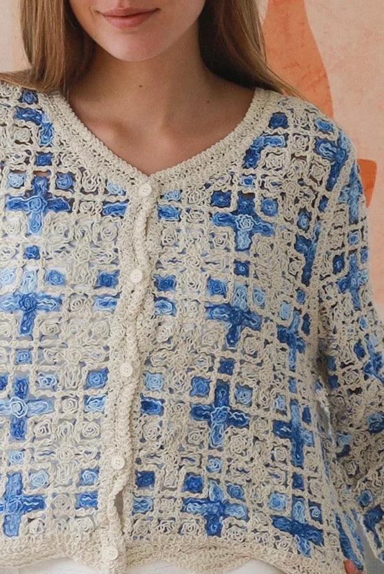 Blue embroidered cotton boho cardigan Australia open weave lightweight cardigan textured detail relaxed fit
