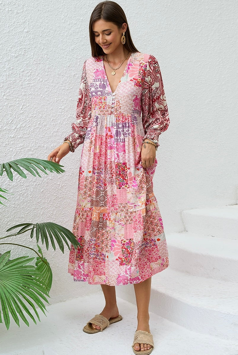 Boho woman in Sweet Dreams Fleur Midi Dress with patchwork florals and paisley prints - Bohemian Dresses Australia Bohemian Love Runway