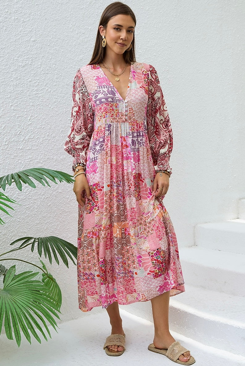 Boho woman in Sweet Dreams Fleur Midi Dress with patchwork florals and paisley prints - Bohemian Dresses Australia Bohemian Love Runway