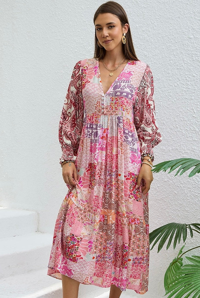 Boho woman in Sweet Dreams Fleur Midi Dress with patchwork florals and paisley prints - Bohemian Dresses Australia Bohemian Love Runway