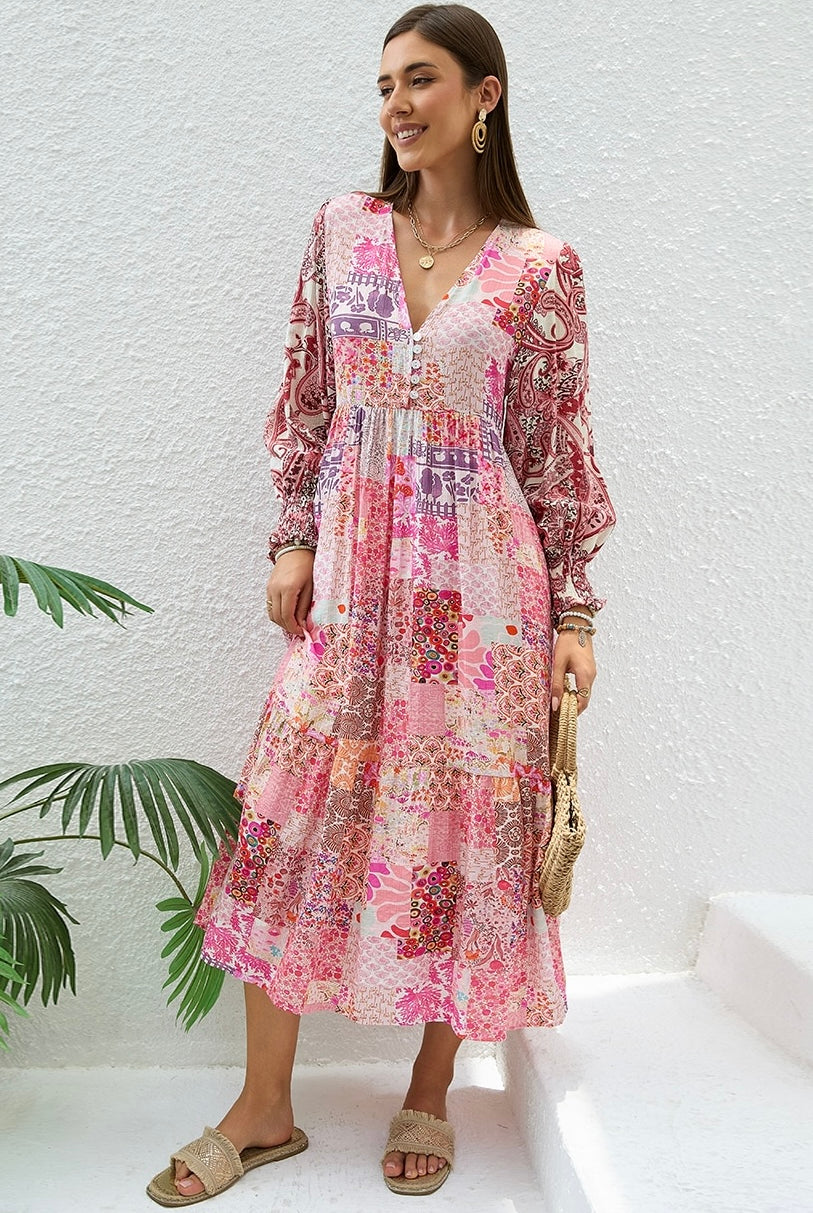 Boho woman in Sweet Dreams Fleur Midi Dress with patchwork florals and paisley prints - Bohemian Dresses Australia Bohemian Love Runway