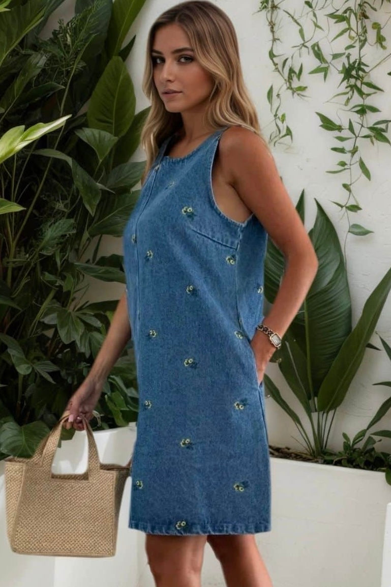Embroidered denim sleeveless mini dress with back tie and pockets – boho chic everyday outfit Australia