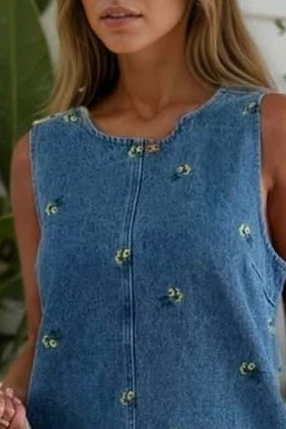 Embroidered denim sleeveless mini dress with back tie and pockets – boho chic everyday outfit Australia