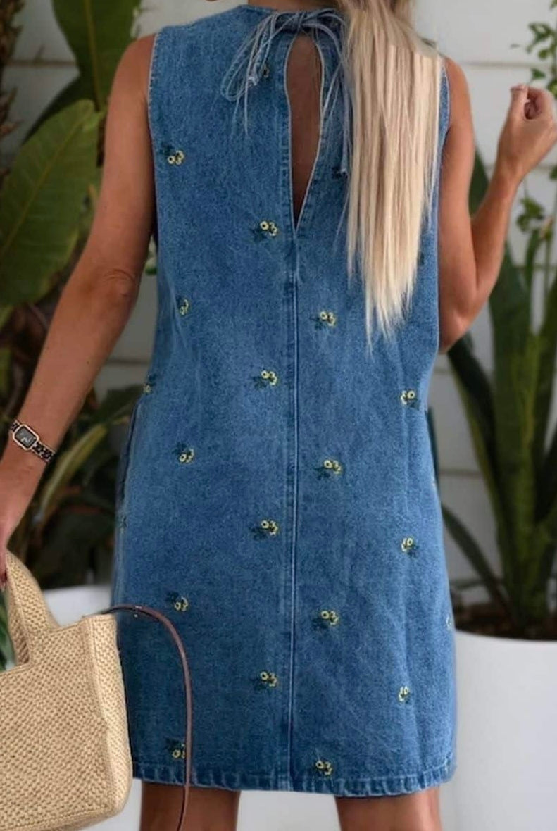 Embroidered denim sleeveless mini dress with back tie and pockets – boho chic everyday outfit Australia