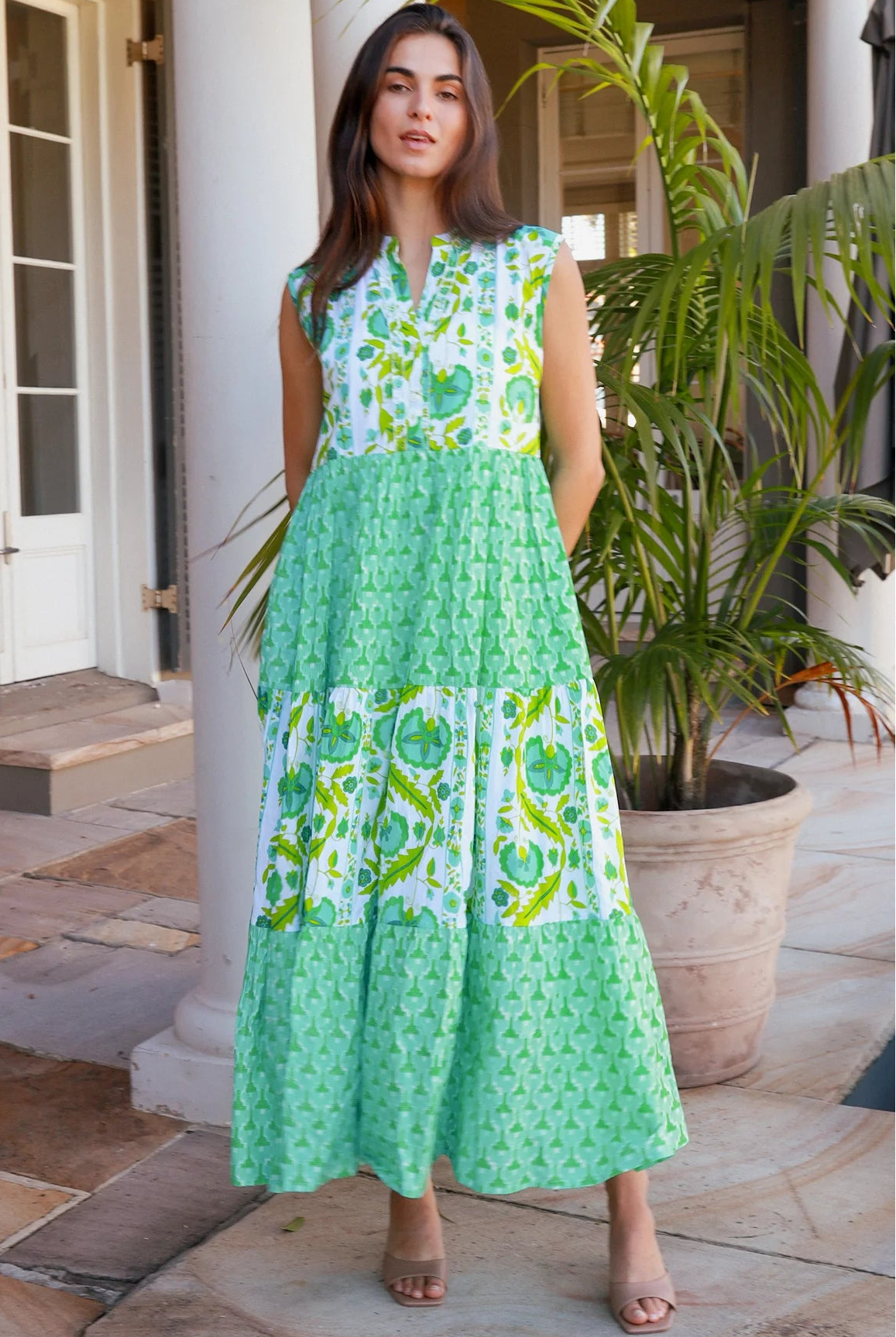 Maruka Green vintage-style tiered cotton maxi dress with sleeveless bodice, V-neckline, mandarin collar and pockets – boho summer style.