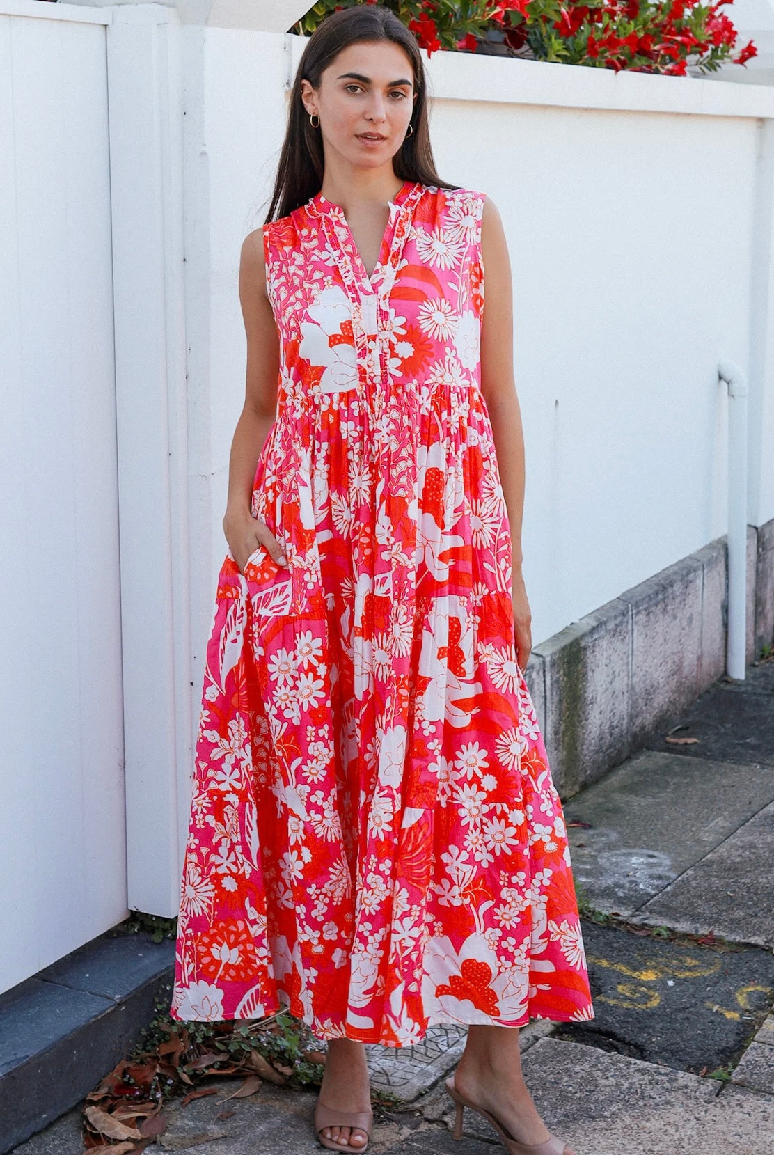 Roary Pink vintage floral tiered cotton maxi dress with V-neckline, mandarin collar and pockets – modern boho summer style
