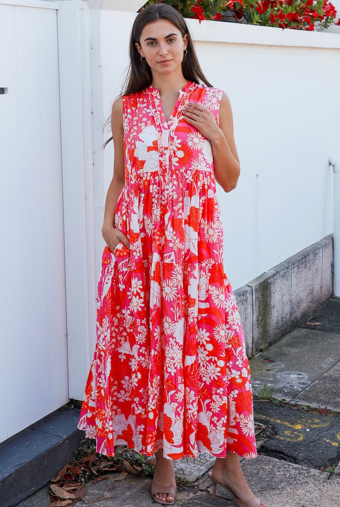 Roary Pink vintage floral tiered cotton maxi dress with V-neckline, mandarin collar and pockets – modern boho summer style