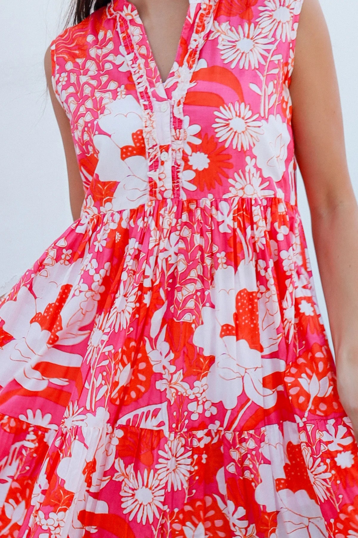 Roary Pink vintage floral tiered cotton maxi dress with V-neckline, mandarin collar and pockets – modern boho summer style