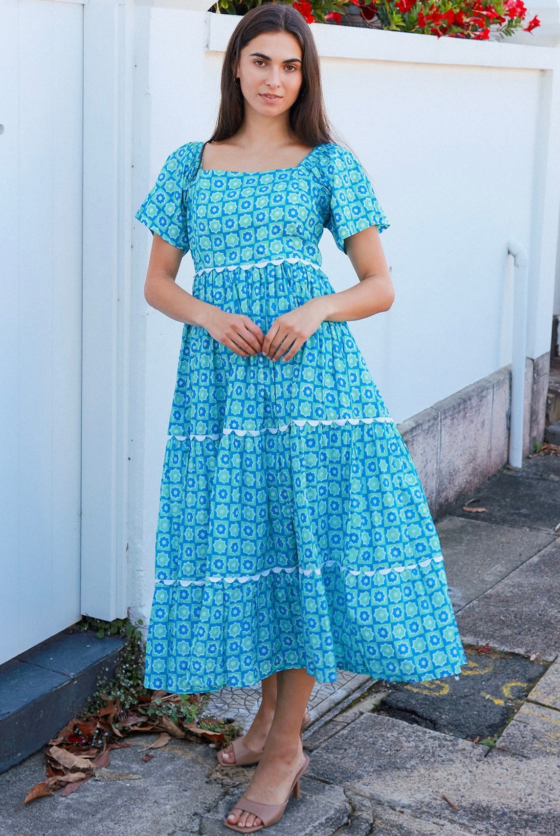 Blue green cotton boho midi dress with off shoulder elastic neckline and white lace inserts Colleton Bohemian Love Runway