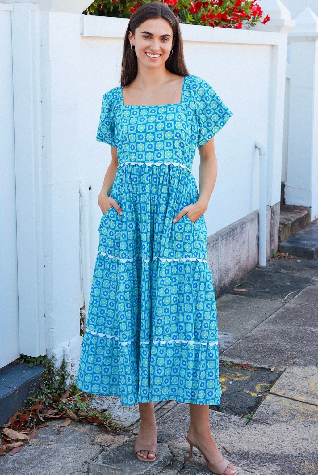 Blue green cotton boho midi dress with off shoulder elastic neckline and white lace inserts Colleton Bohemian Love Runway