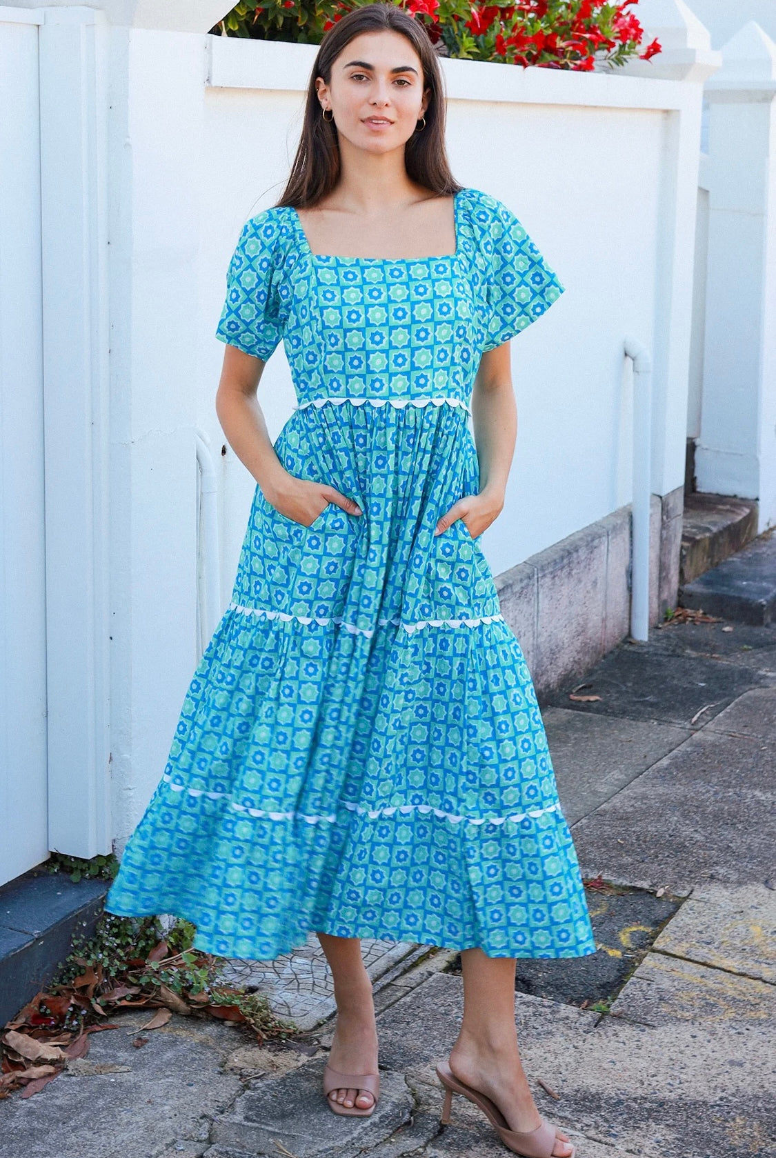 Blue green cotton boho midi dress with off shoulder elastic neckline and white lace inserts Colleton Bohemian Love Runway