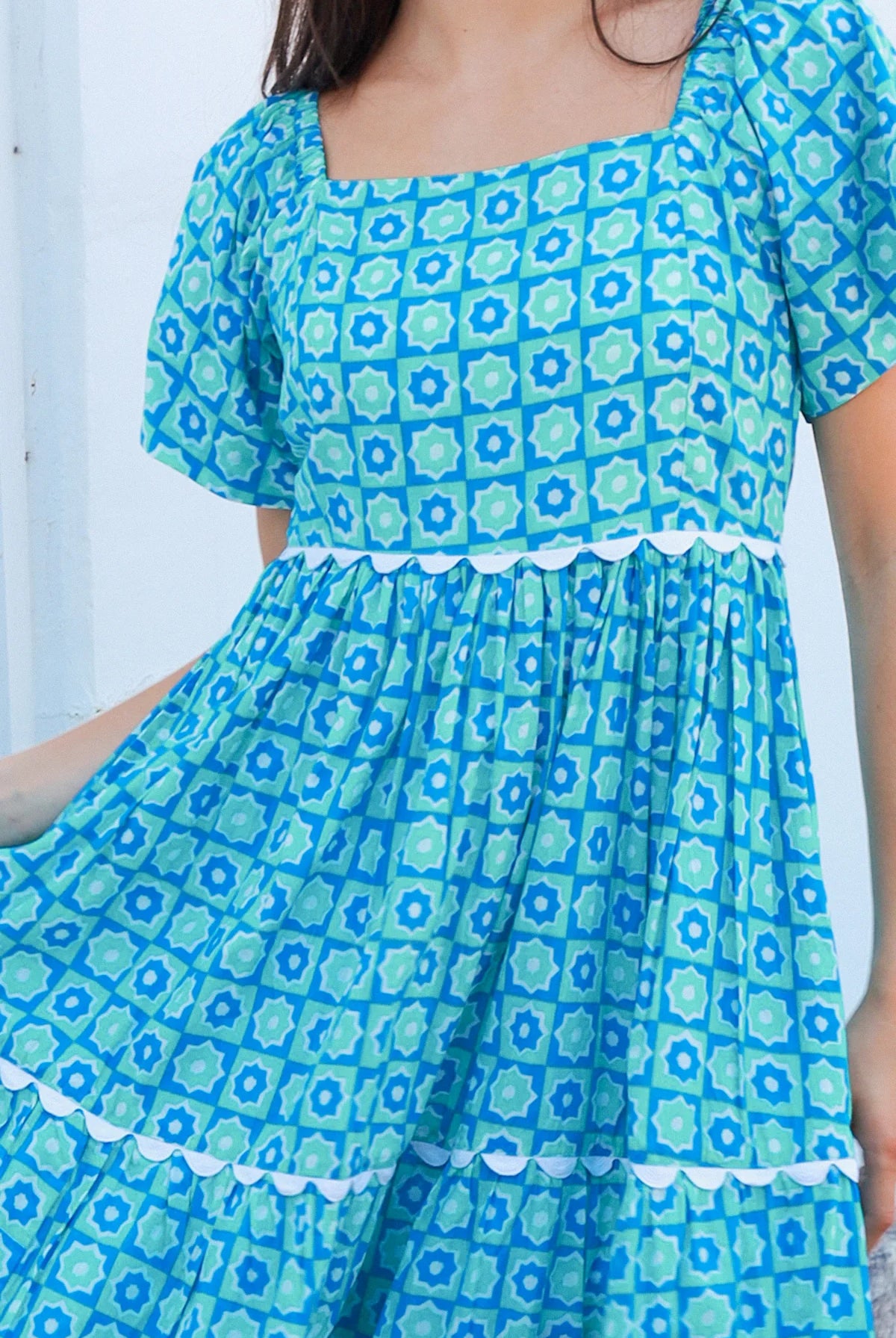 Blue green cotton boho midi dress with off shoulder elastic neckline and white lace inserts Colleton Bohemian Love Runway