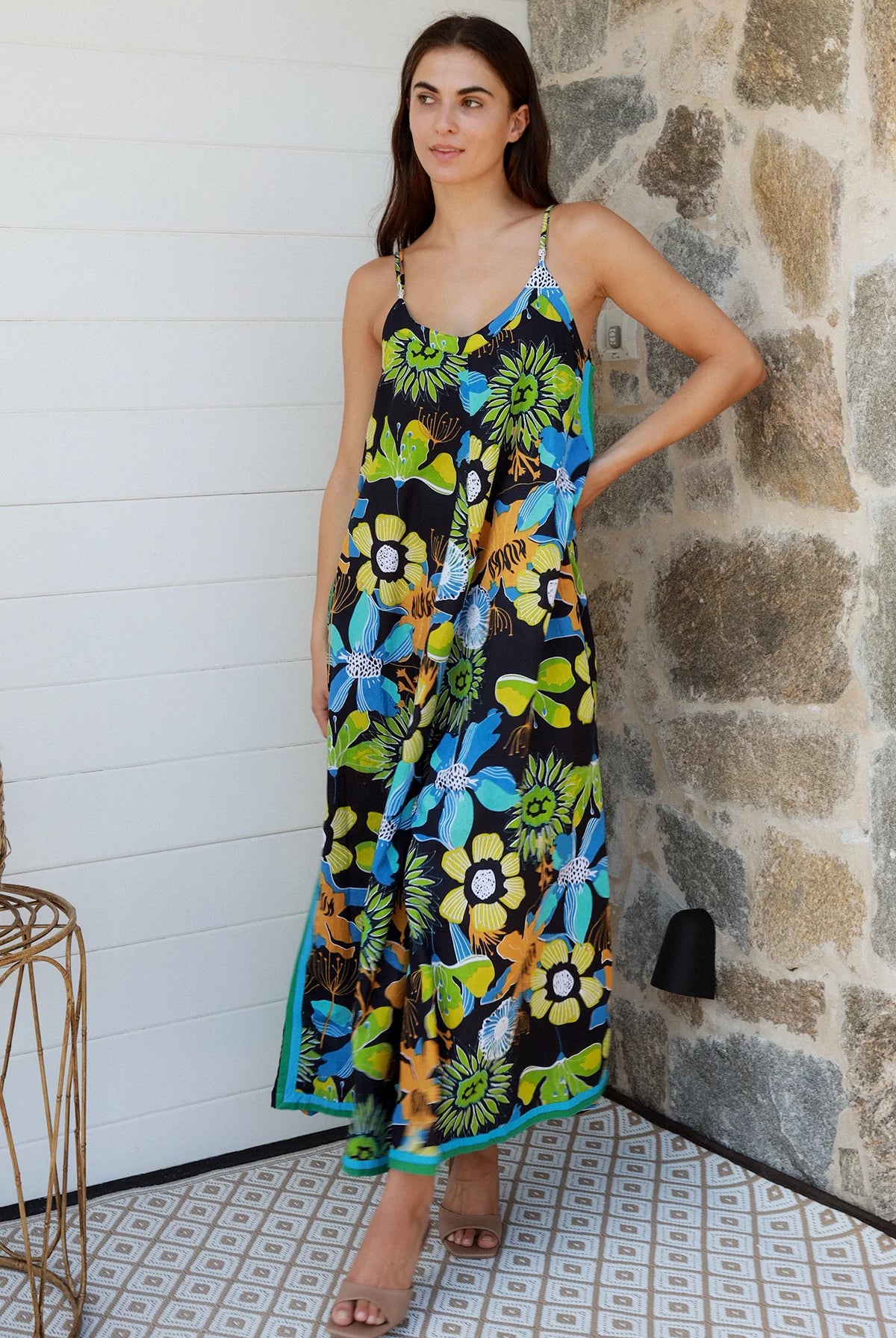 Woman in The Rio Jumpsuit — relaxed wide leg tropical boho jumpsuit with contrast side stripe | Bohemian Love Runway