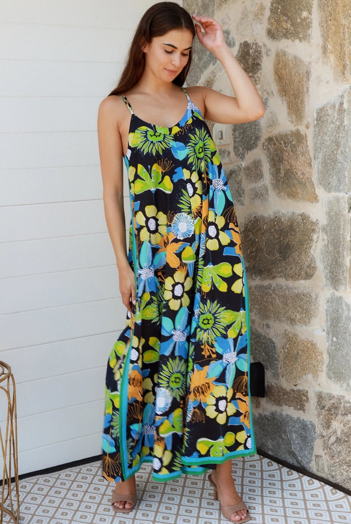 Woman in The Rio Jumpsuit — relaxed wide leg tropical boho jumpsuit with contrast side stripe | Bohemian Love Runway