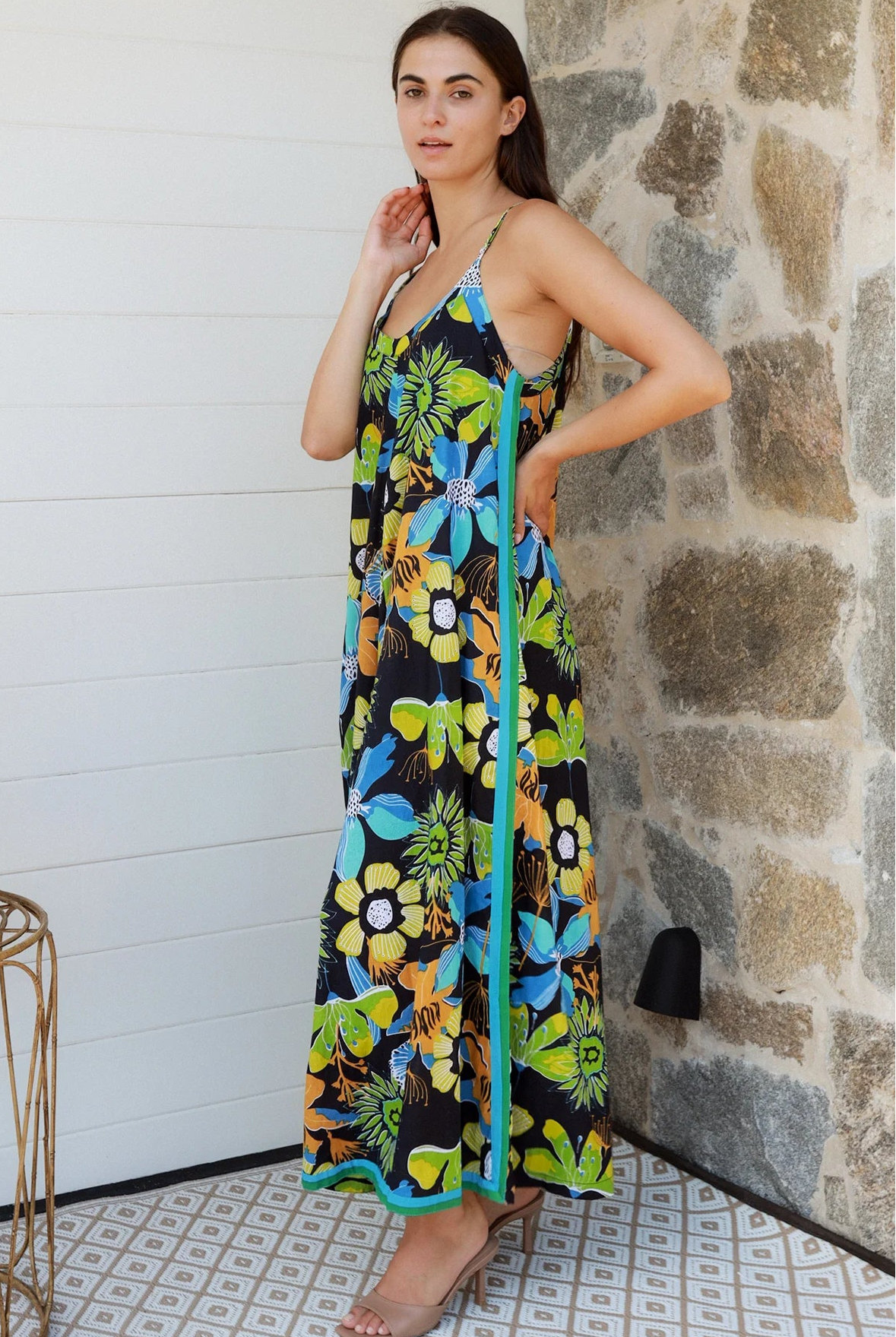 Woman in The Rio Jumpsuit — relaxed wide leg tropical boho jumpsuit with contrast side stripe | Bohemian Love Runway