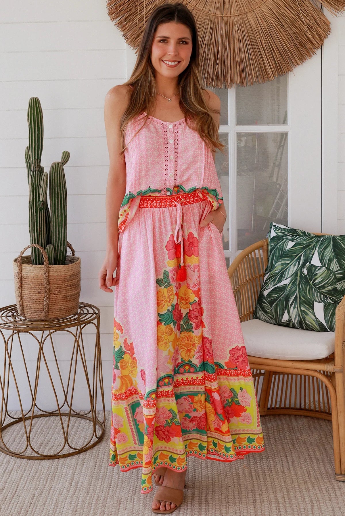 Blooming Romance Aura boho floral rayon maxi skirt with oversized frill hem and elastic boho tassel waist Australia.