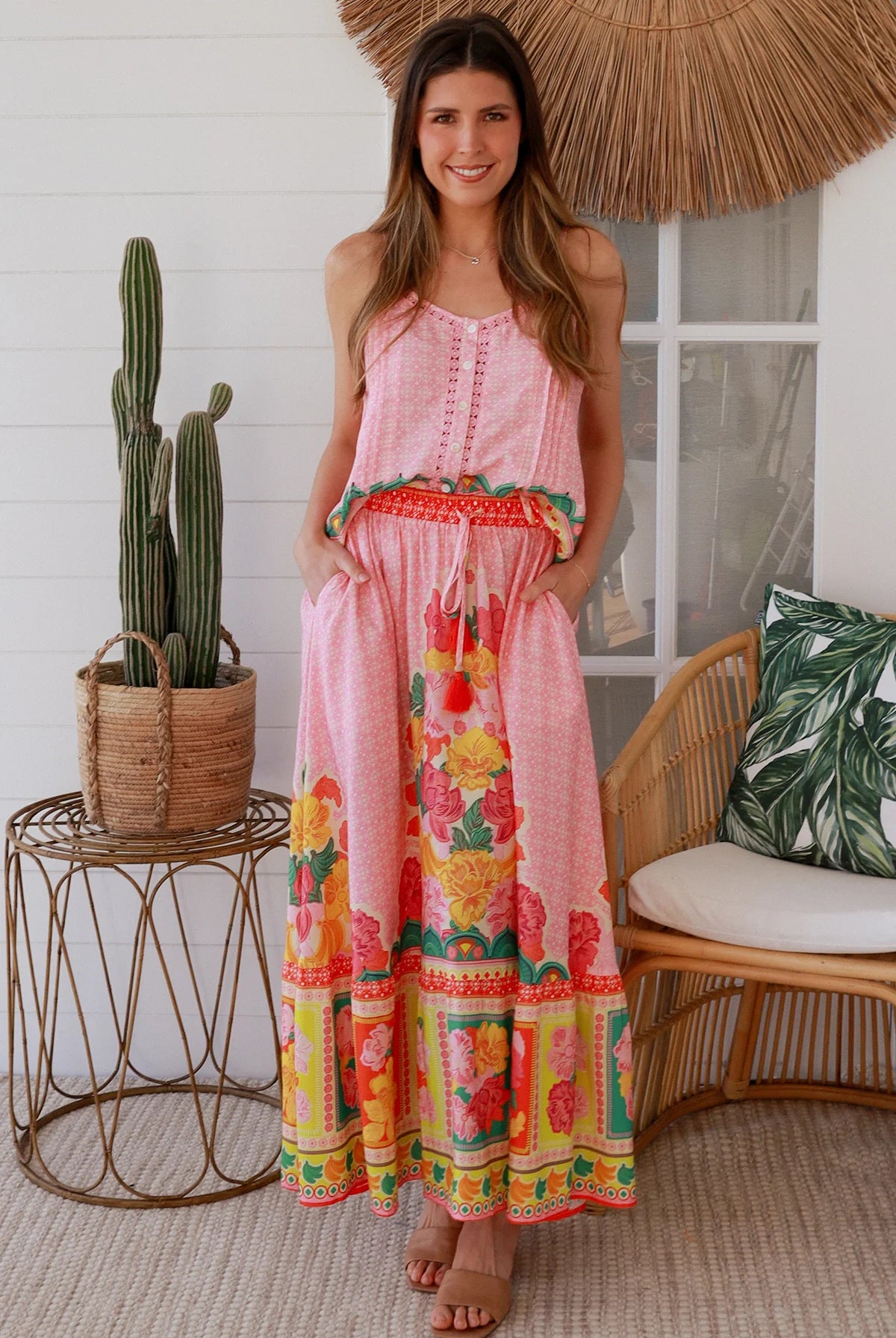 Blooming Romance Aura boho floral rayon maxi skirt with oversized frill hem and elastic boho tassel waist Australia.