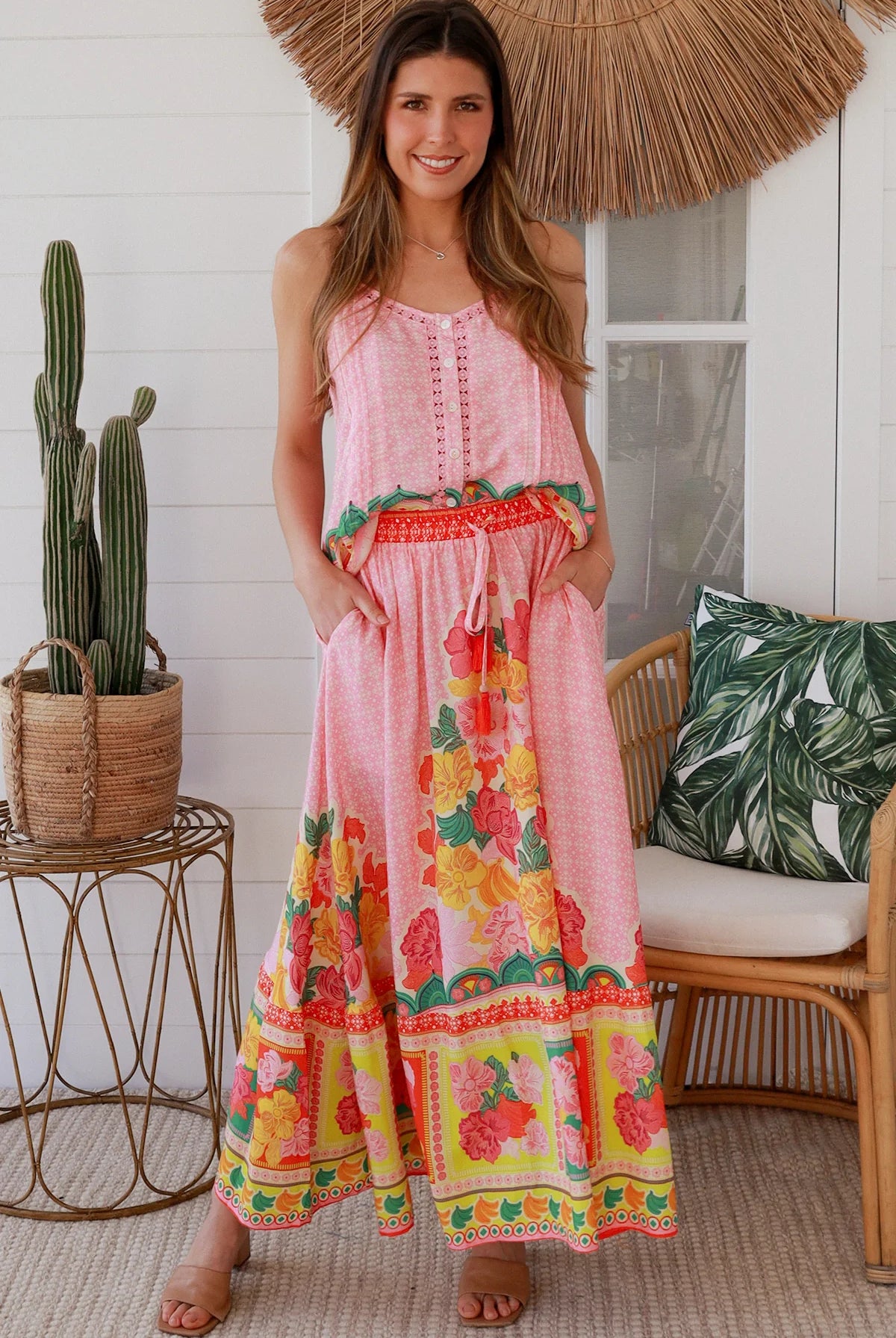 Blooming Romance Aura boho floral rayon maxi skirt with oversized frill hem and elastic boho tassel waist Australia.