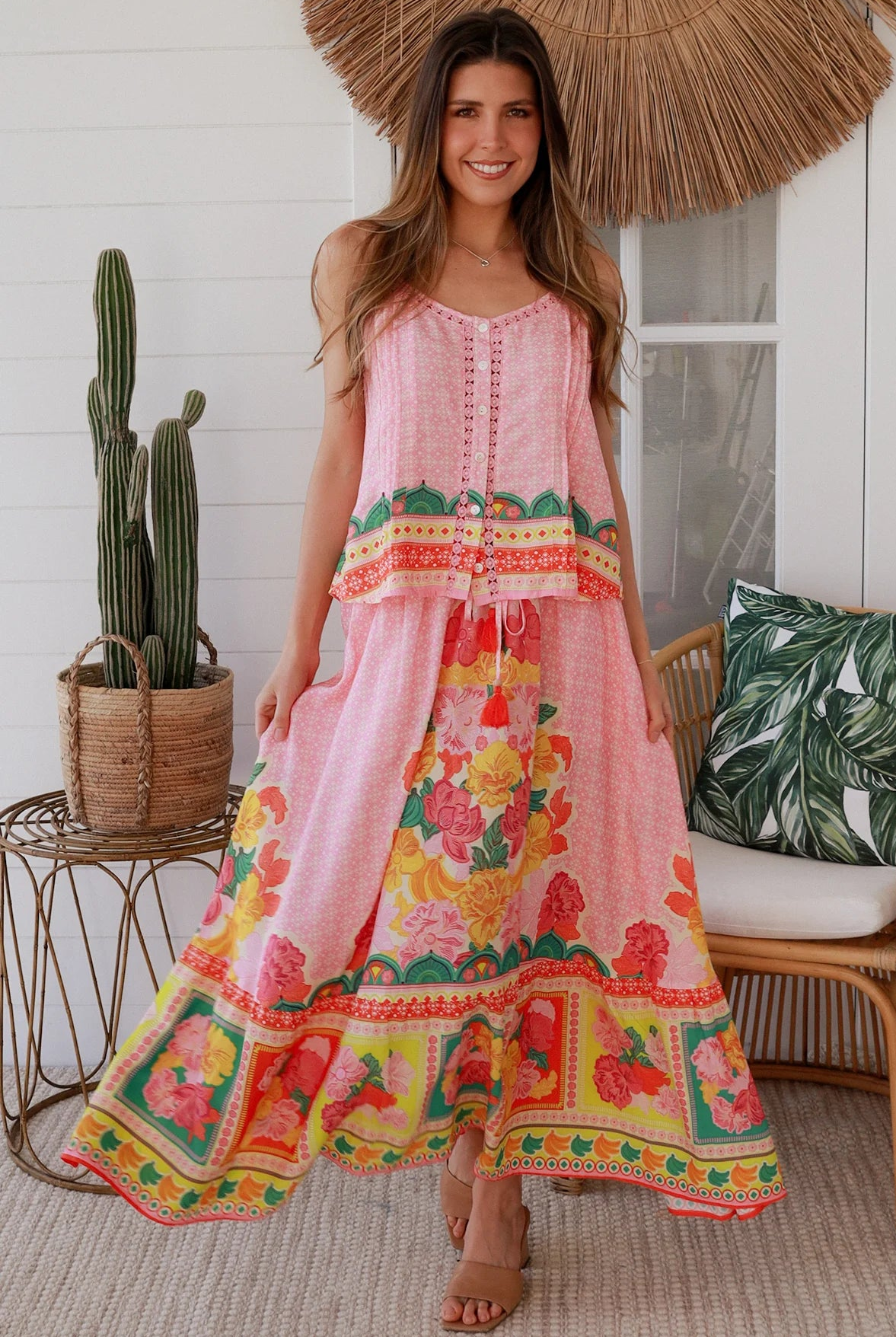 Blooming Romance Aura boho floral rayon maxi skirt with oversized frill hem and elastic boho tassel waist Australia.