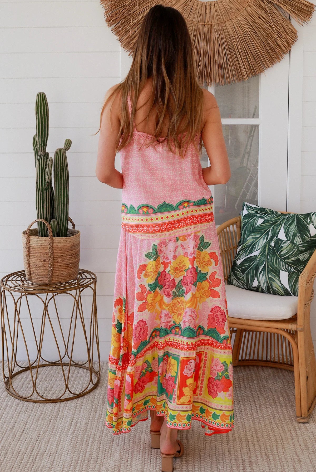 Blooming Romance Aura boho floral rayon maxi skirt with oversized frill hem and elastic boho tassel waist Australia.