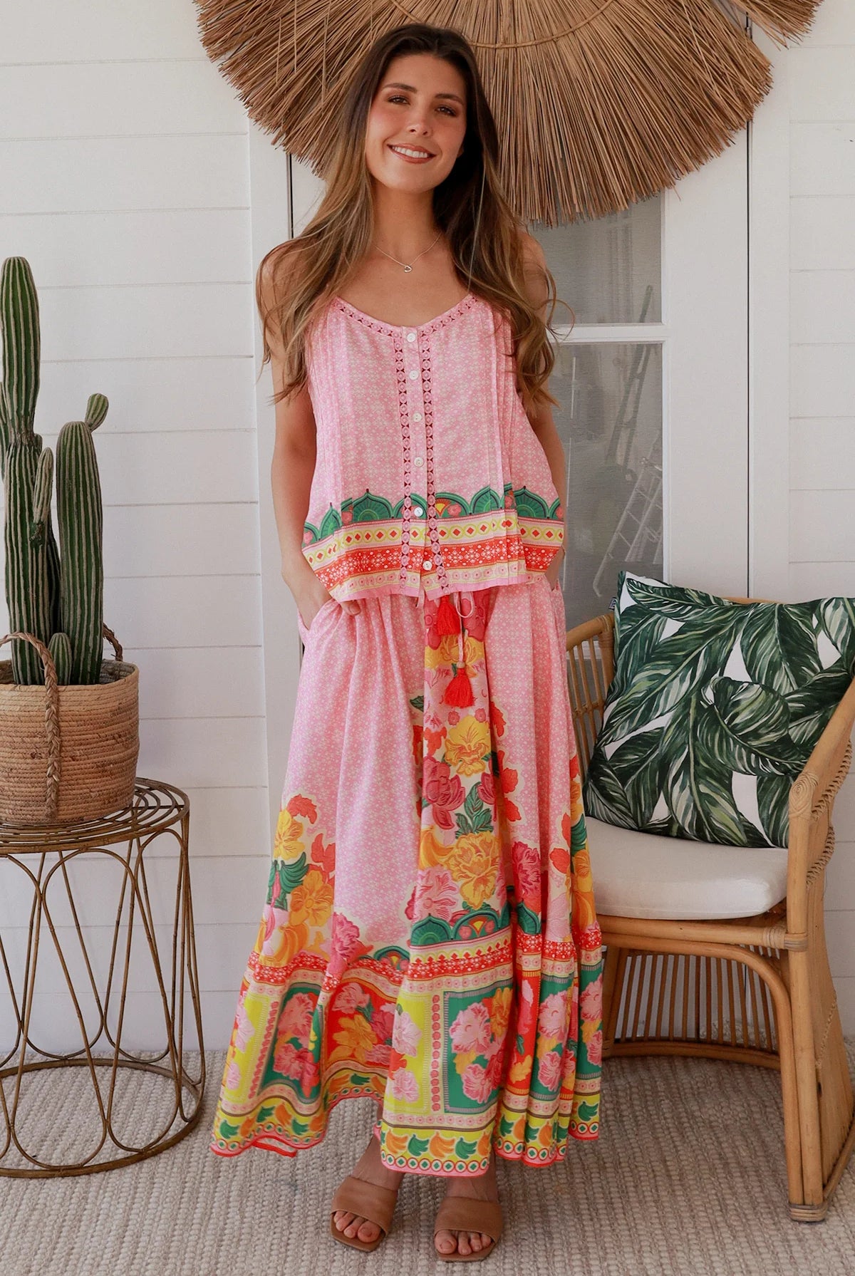 Blooming Romance Aura singlet top in rayon with cotton lace trim, adjustable straps, button front & pleating - boho tops Australia