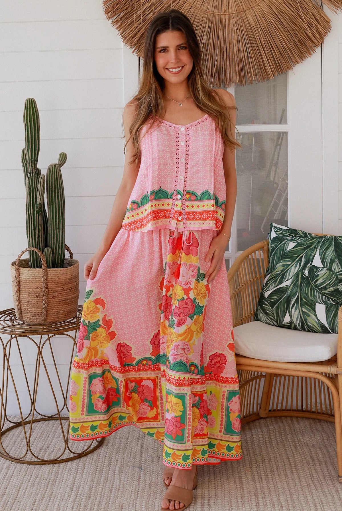 Blooming Romance Aura singlet top in rayon with cotton lace trim, adjustable straps, button front & pleating - boho tops Australia