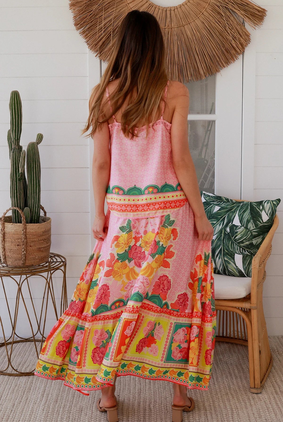 Blooming Romance Aura singlet top in rayon with cotton lace trim, adjustable straps, button front & pleating - boho tops Australia