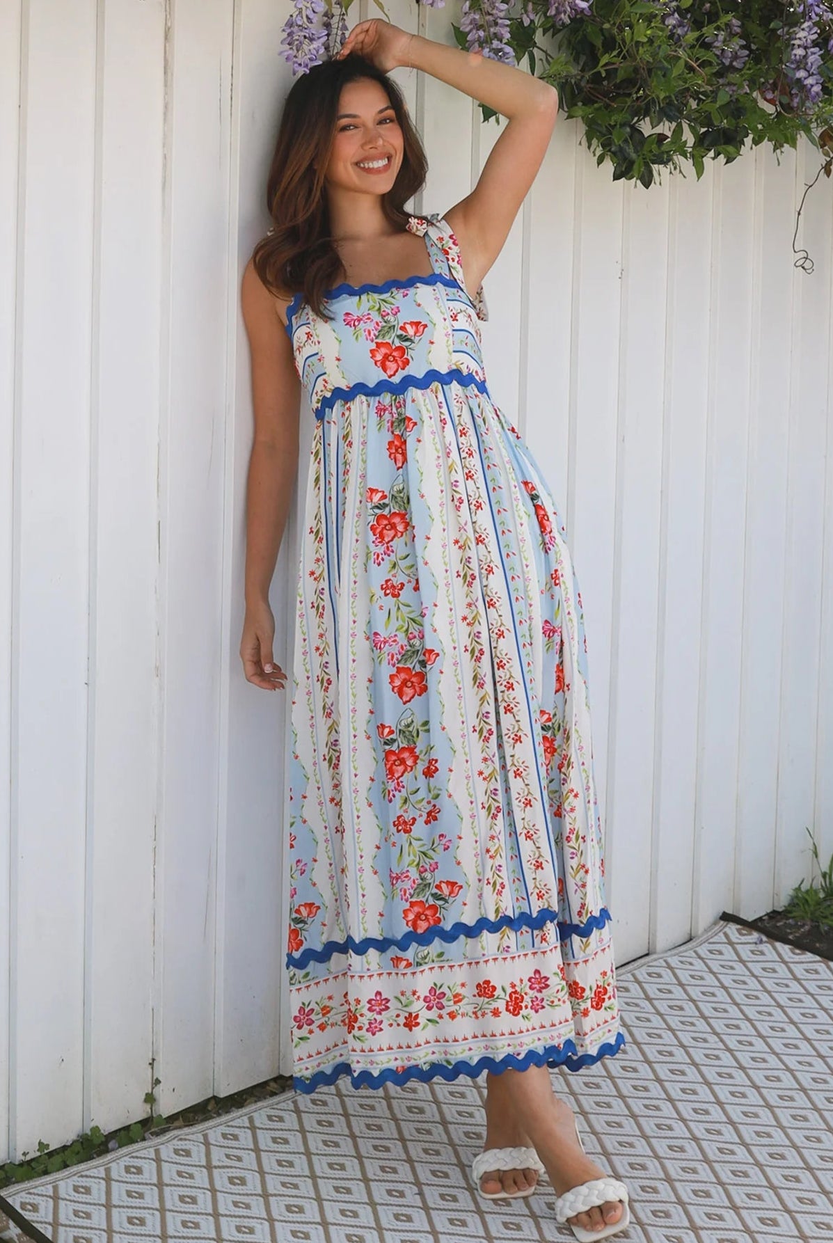 Boho Cherry Blossom Maxi Dress in sky blue with pink and yellow floral print, zig-zag lace, pockets - maxi dresses Australia