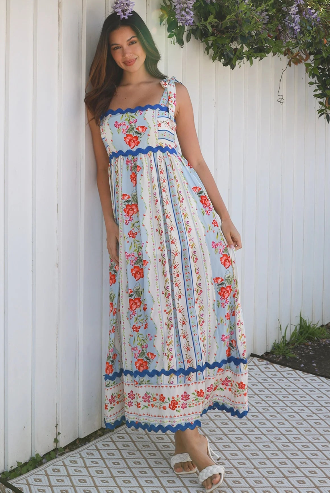 Boho Cherry Blossom Maxi Dress in sky blue with pink and yellow floral print, zig-zag lace, pockets - maxi dresses Australia