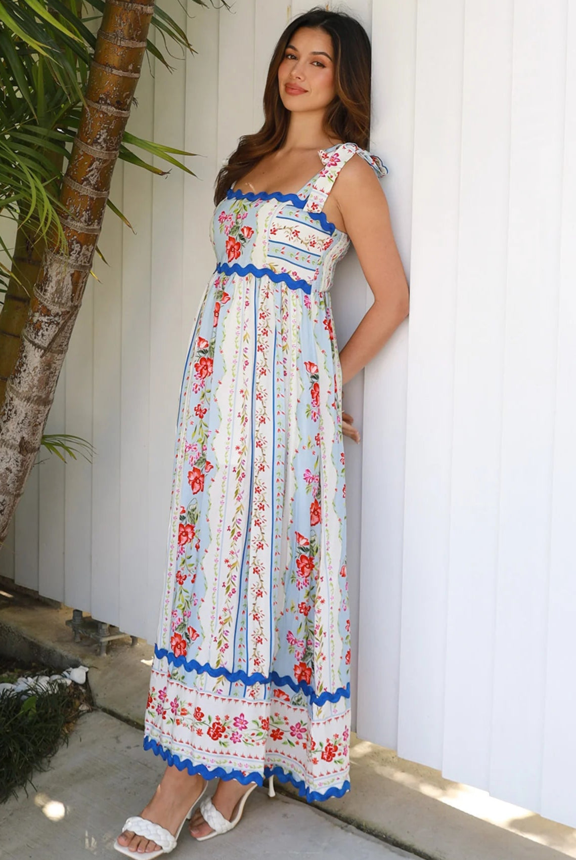 Boho Cherry Blossom Maxi Dress in sky blue with pink and yellow floral print, zig-zag lace, pockets - maxi dresses Australia