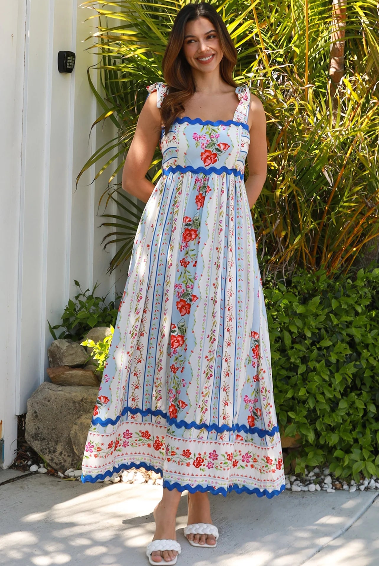 Boho Cherry Blossom Maxi Dress in sky blue with pink and yellow floral print, zig-zag lace, pockets - maxi dresses Australia