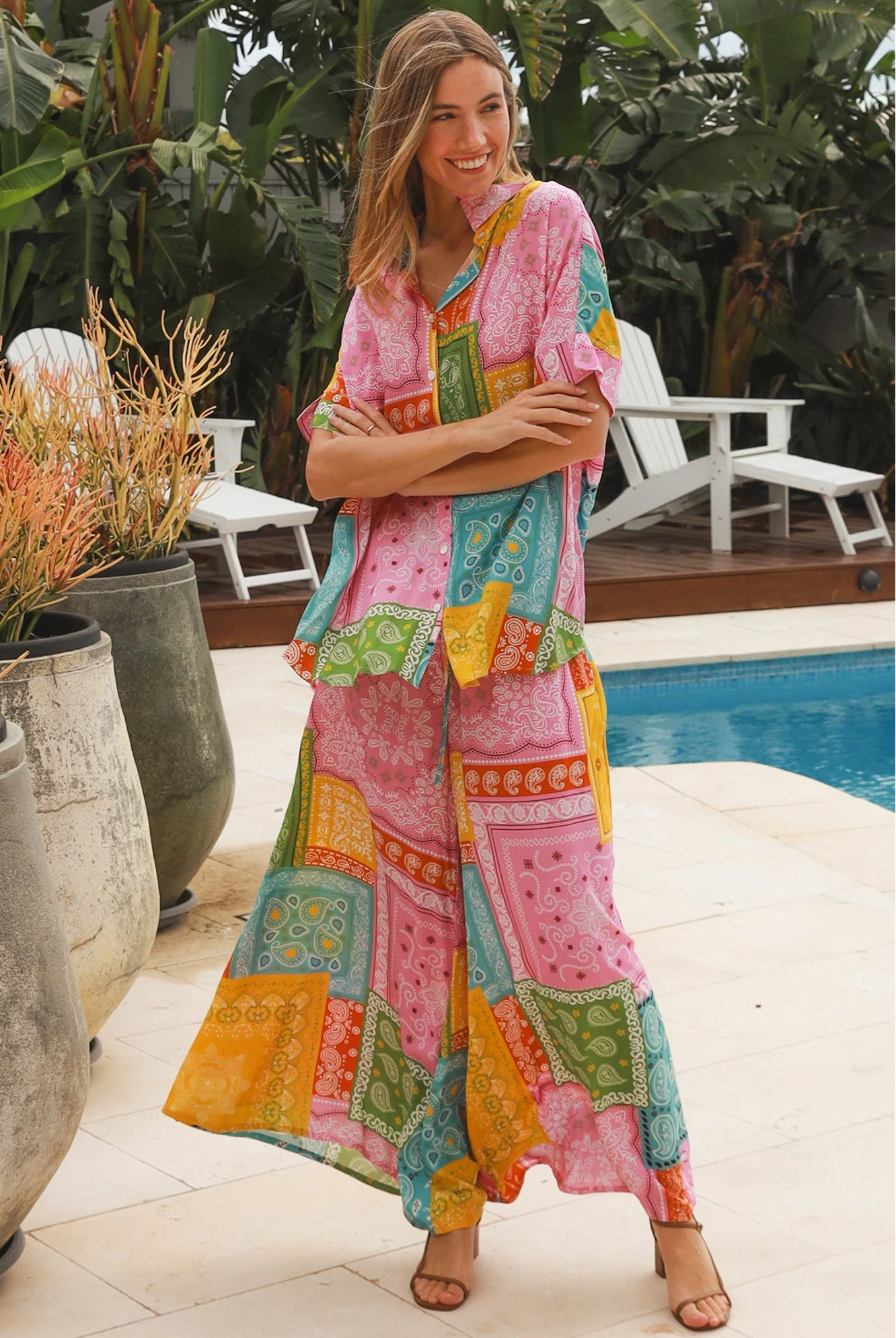 Oversized patchwork paisley boho shirt by Dreamcatcher with colourful bandana print and curved hem