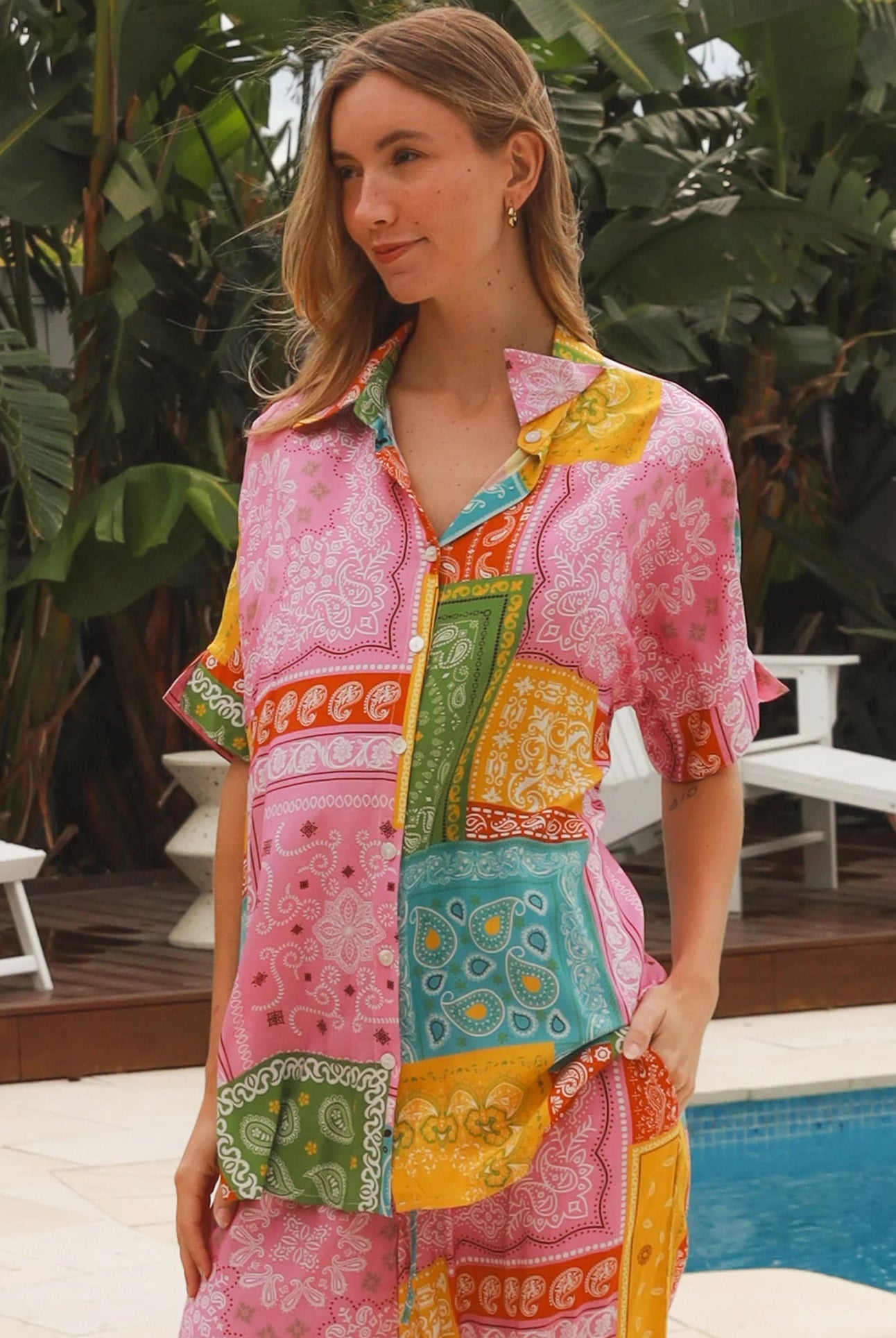 Oversized patchwork paisley boho shirt by Dreamcatcher with colourful bandana print and curved hem