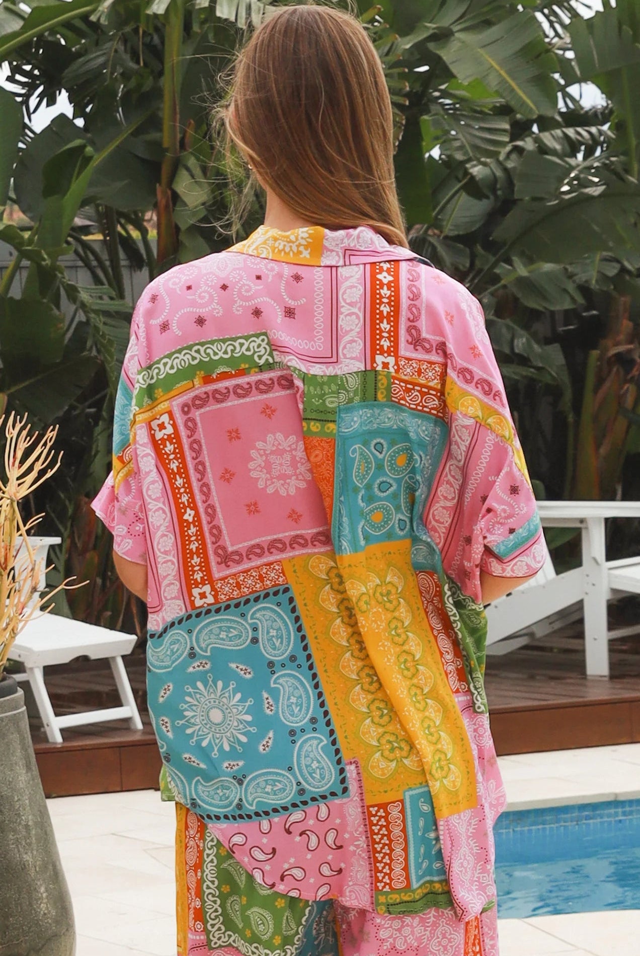 Oversized patchwork paisley boho shirt by Dreamcatcher with colourful bandana print and curved hem