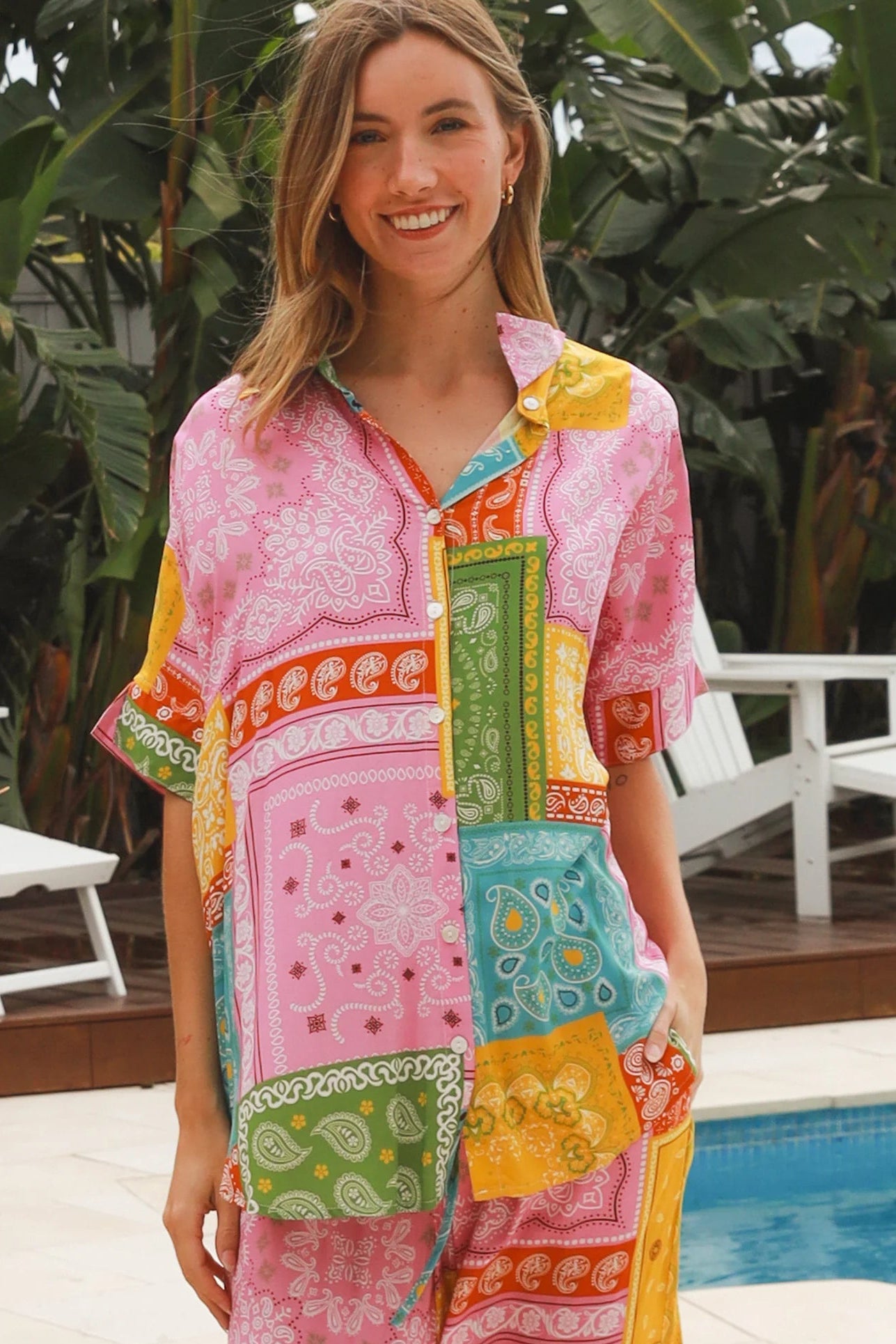 Oversized patchwork paisley boho shirt by Dreamcatcher with colourful bandana print and curved hem