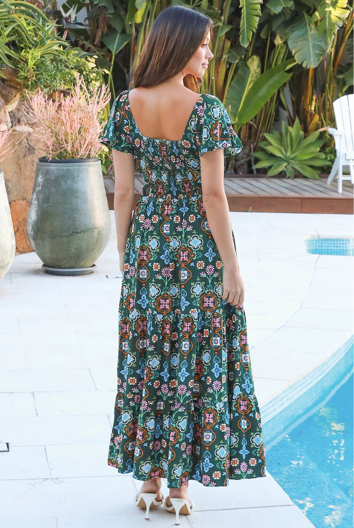 Emily bohemian maxi dress in green rayon with flutter sleeves tiered skirt and shirred back