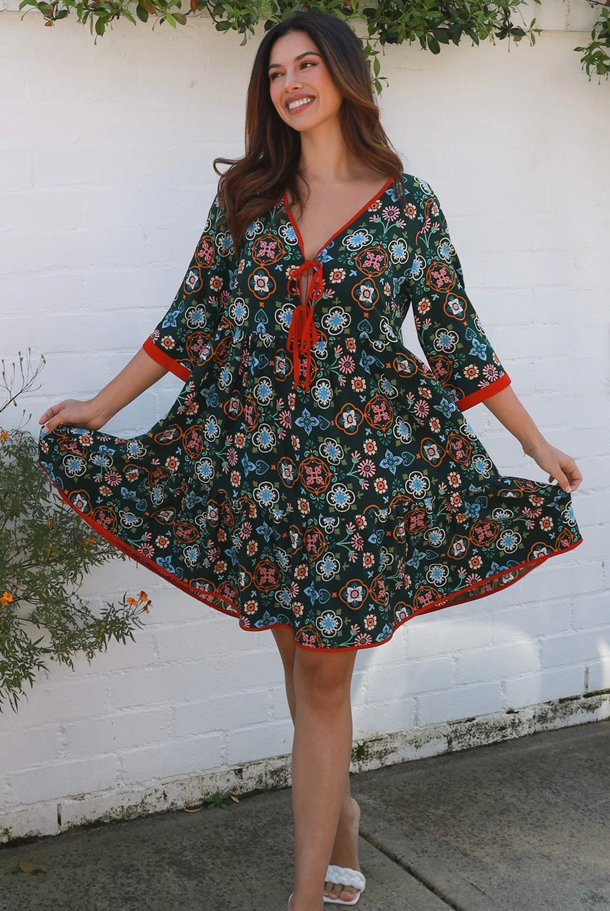 Emily boho mini dress with tie neckline empire waist tiered hem and pockets long sleeve bohemian dress Australia