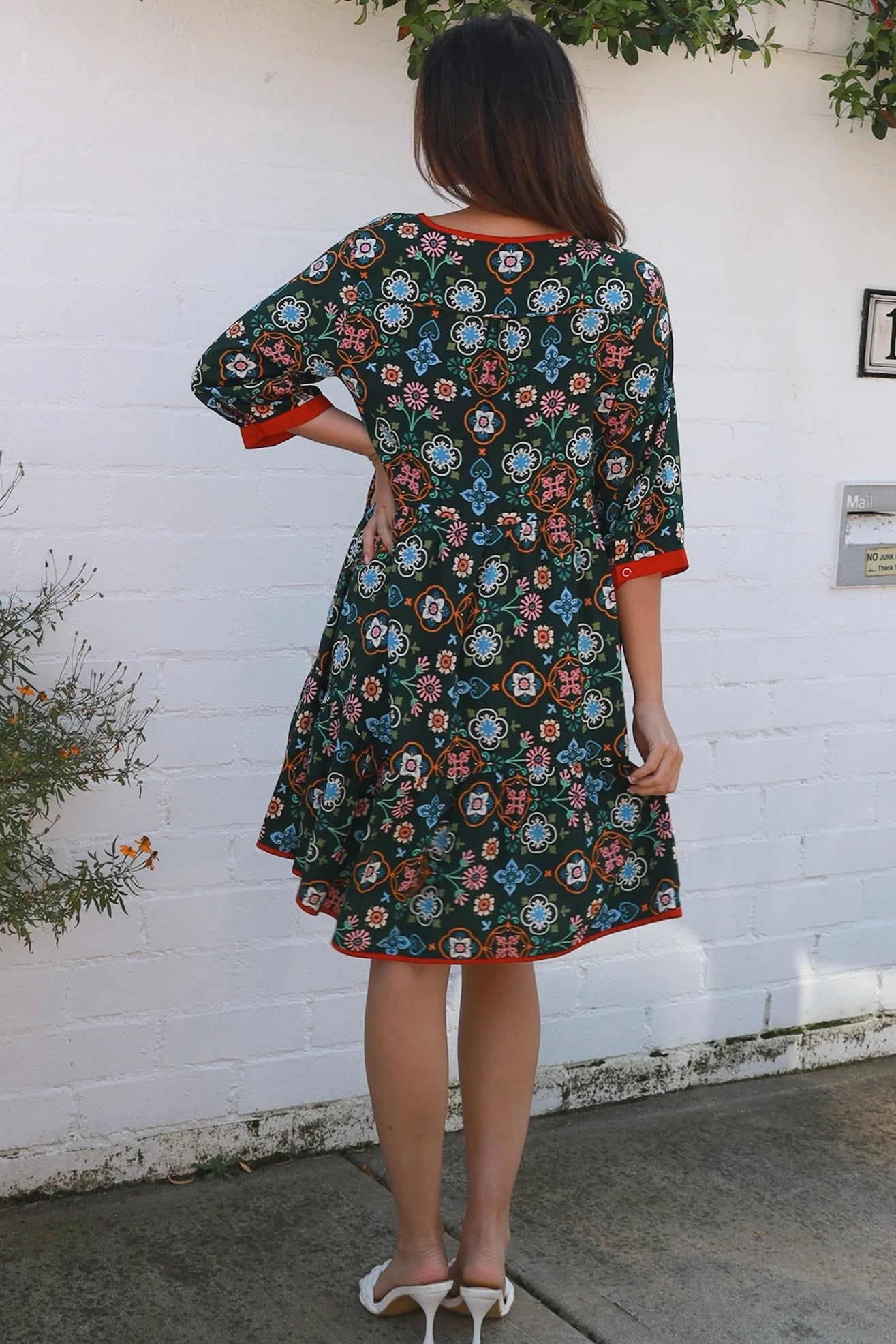 Emily boho mini dress with tie neckline empire waist tiered hem and pockets long sleeve bohemian dress Australia