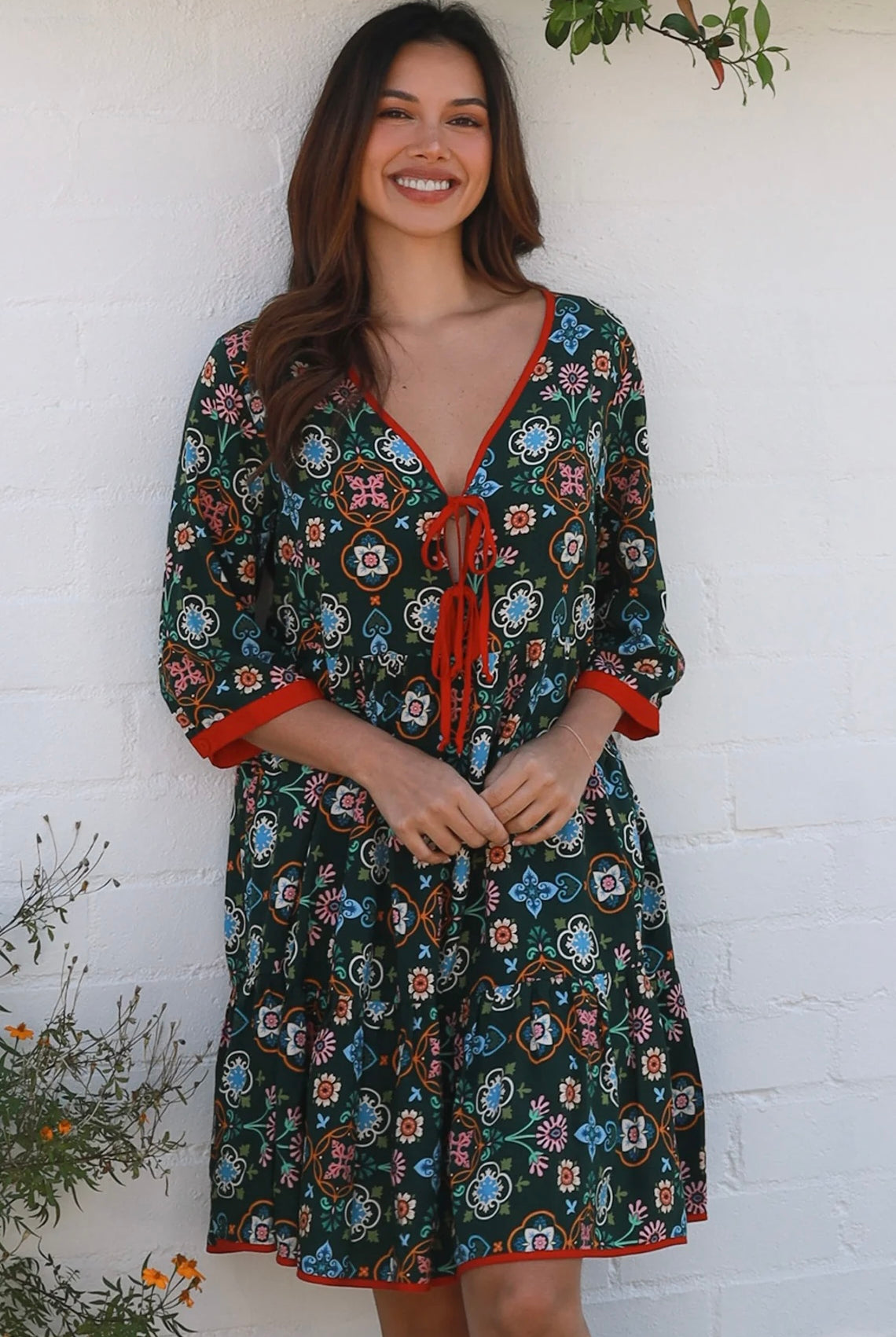 Emily boho mini dress with tie neckline empire waist tiered hem and pockets long sleeve bohemian dress Australia