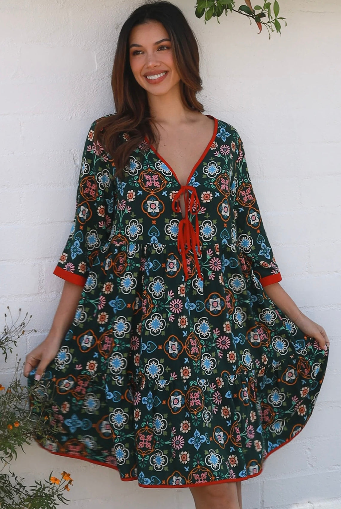 Emily boho mini dress with tie neckline empire waist tiered hem and pockets long sleeve bohemian dress Australia