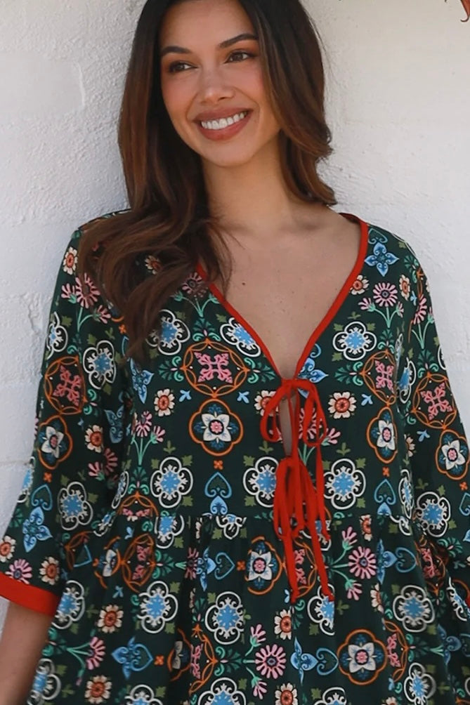 Emily boho mini dress with tie neckline empire waist tiered hem and pockets long sleeve bohemian dress Australia