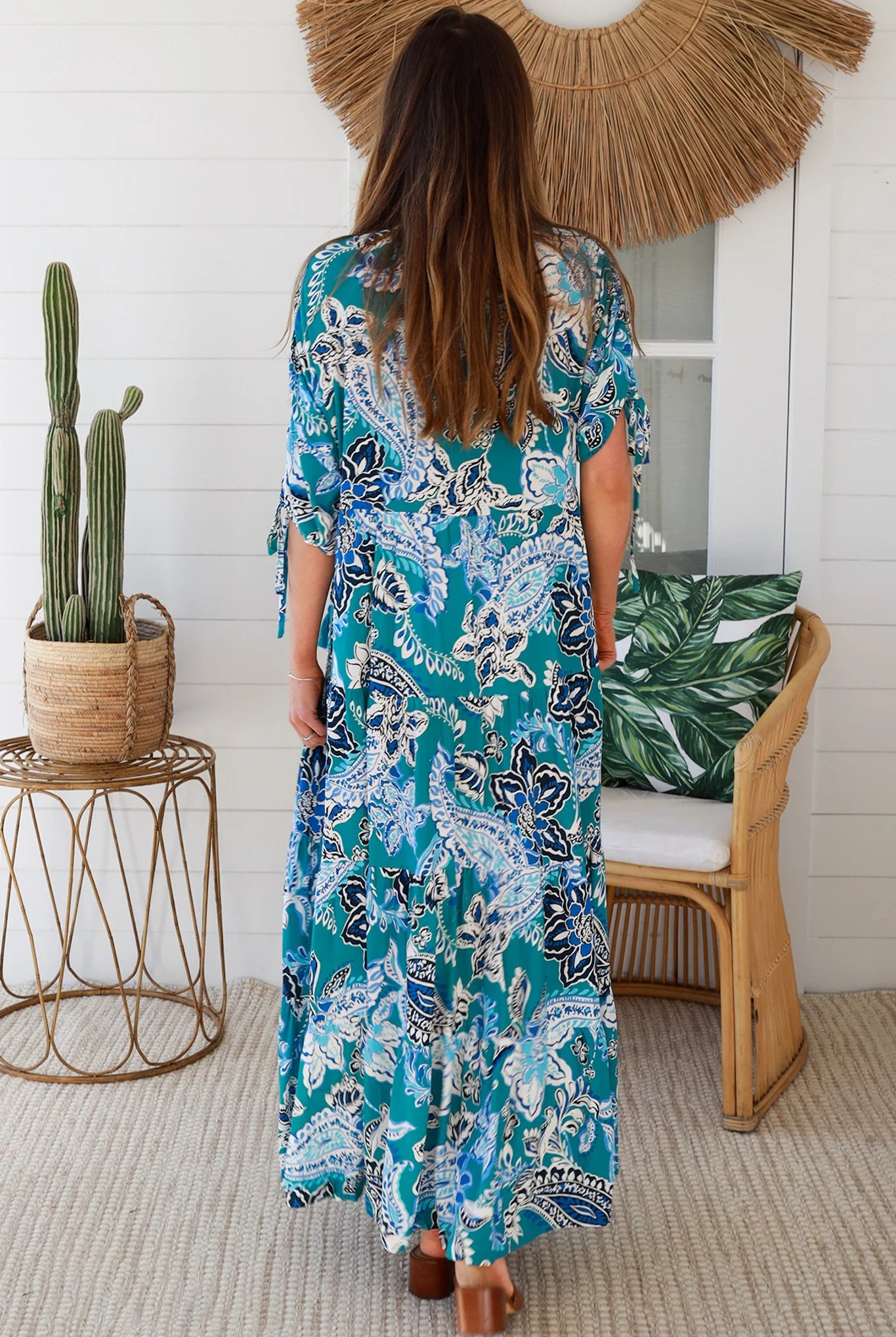 Oceane Paisley boho maxi dress in teal with tassel ties, ruched sleeves, oversized tiered skirt, side pockets, relaxed style, 100% rayon