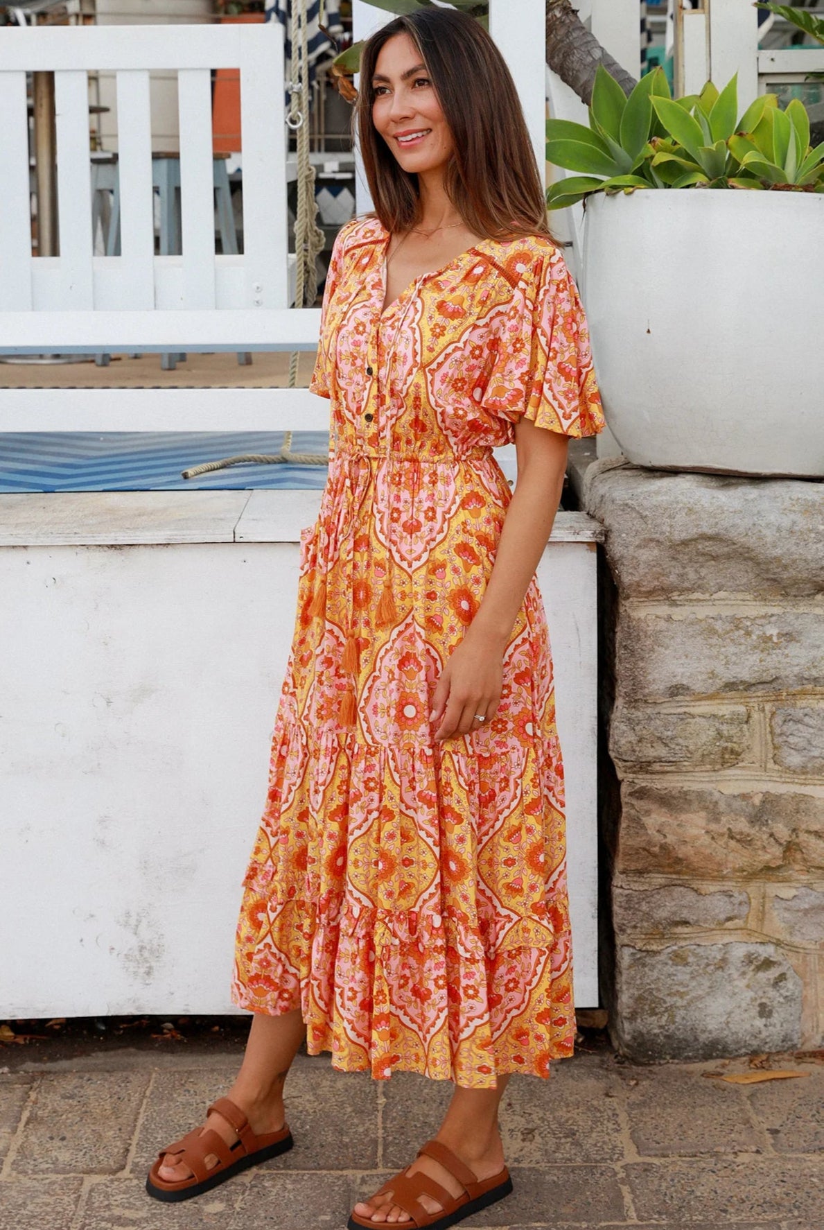 Sunset Mosaic boho midi dress in vintage 70's mosaic print with tassel necktie, lace insert and frill hemline - Designed in Australia.