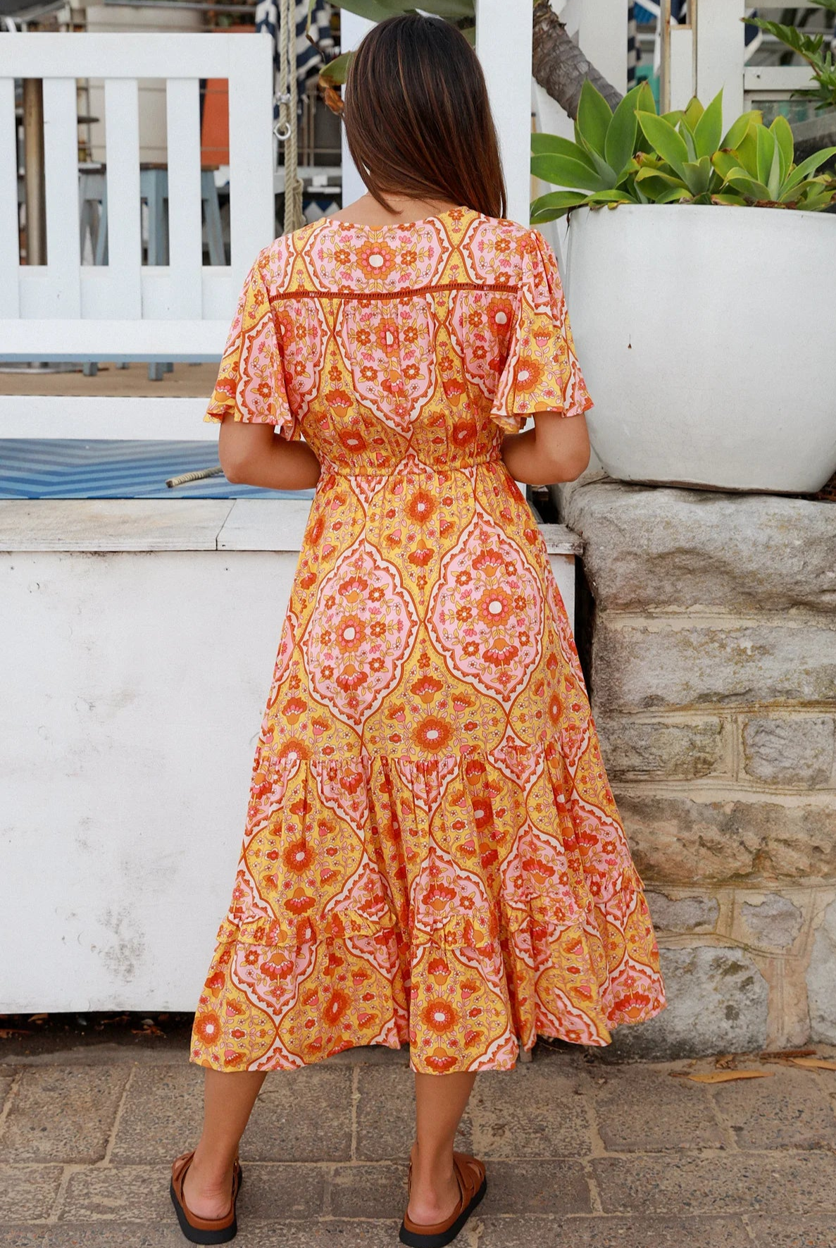 Sunset Mosaic boho midi dress in vintage 70's mosaic print with tassel necktie, lace insert and frill hemline - Designed in Australia.