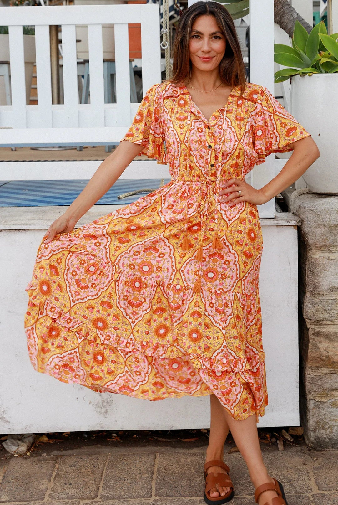 Sunset Mosaic boho midi dress in vintage 70's mosaic print with tassel necktie, lace insert and frill hemline - Designed in Australia.