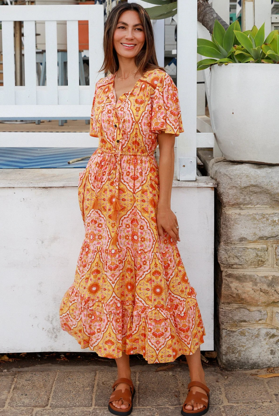 Sunset Mosaic boho midi dress in vintage 70's mosaic print with tassel necktie, lace insert and frill hemline - Designed in Australia.